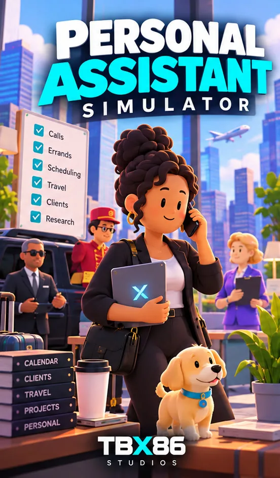 Illustrated Personal Assistant Simulator cover with an assistant, city, clients and a dog