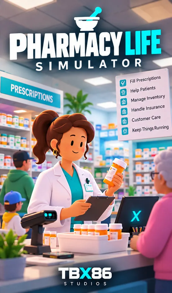 Pharmacy Life Simulator illustrated cover showing a pharmacist helping customers in a pharmacy